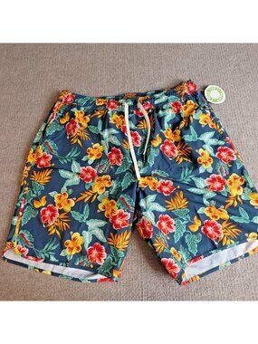 Fair Harbor Swim Shorts Large Blue Floral Drawstring All Over Print NEW